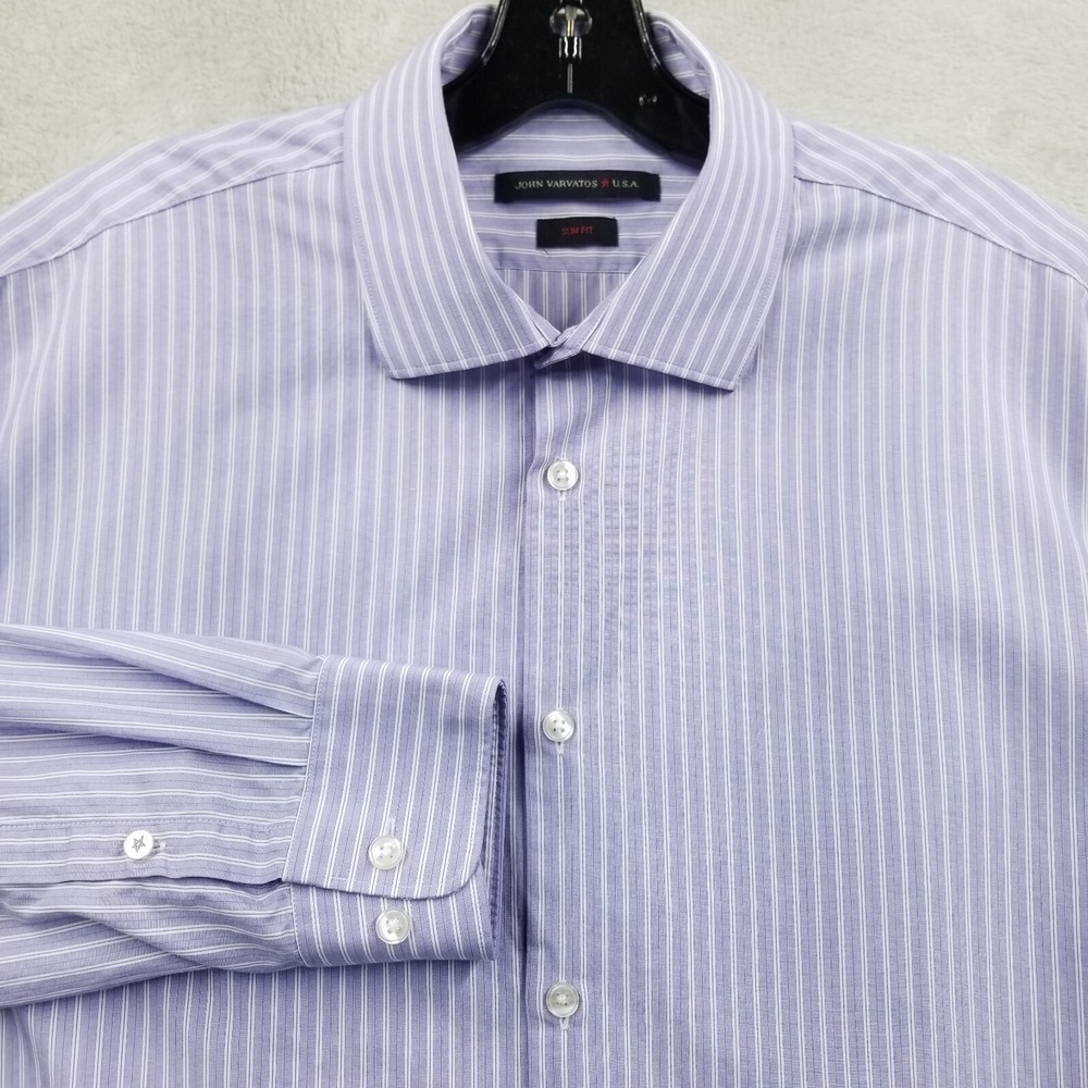 John Varvatos USA Shirt Men 16.5 Purple Stripe Oxford Spread Collar Slim Fit